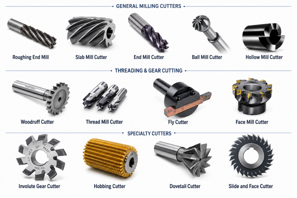 A collection of 13 common CNC milling cutter types organized into three categories: General Milling Cutters, Threading & Gear Cutting, and Specialty Cutters.