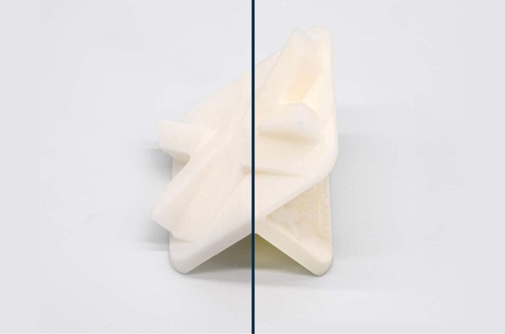 MJF Nylon PA12 parts comparison: as printed (left) vs. tumbled (right)
