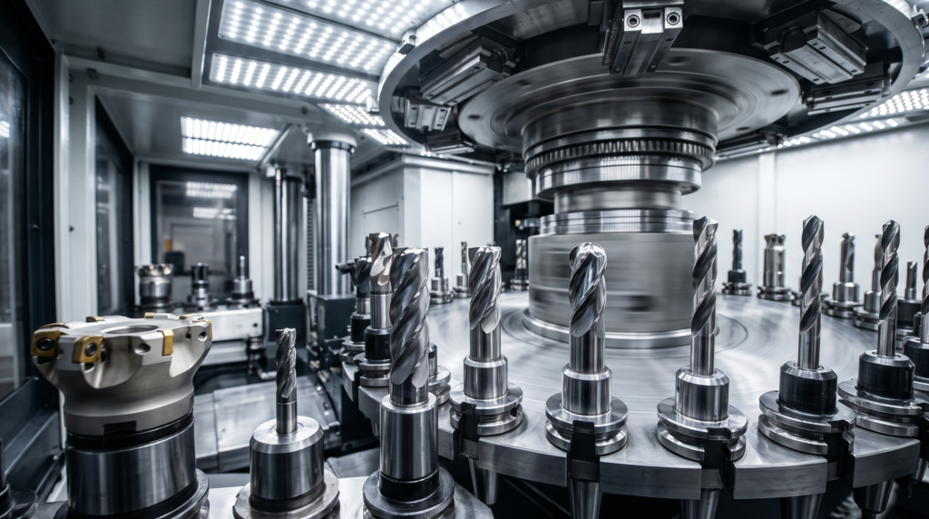 An automatic tool changer carousel inside a CNC milling machine loaded with various cutting tools.