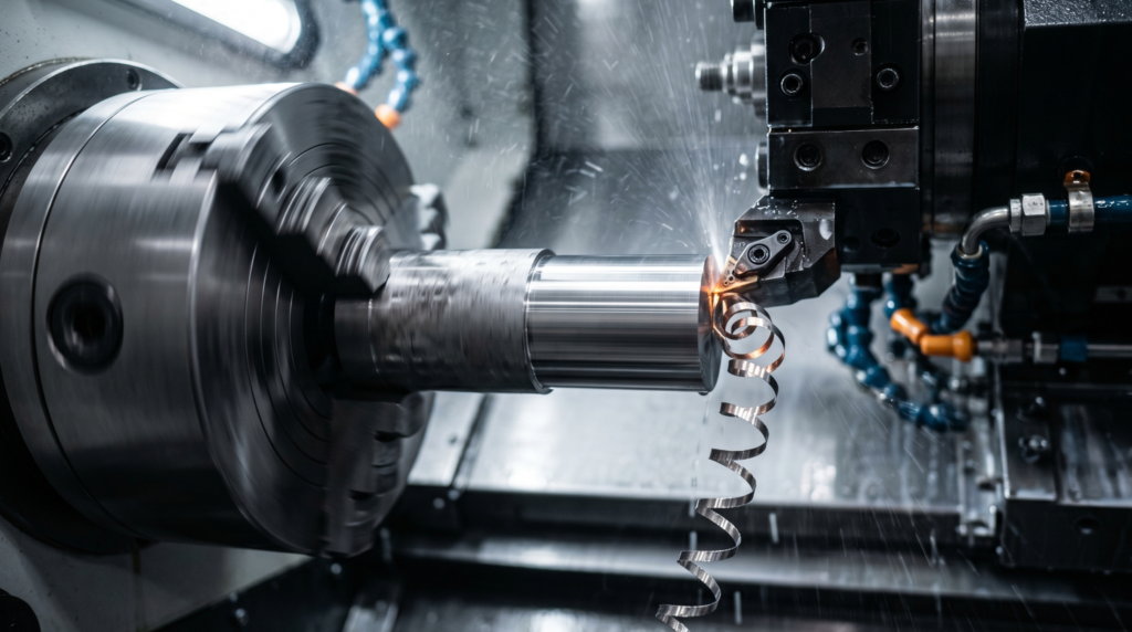 A CNC lathe machine rotating a cylindrical metal workpiece while a single-point cutting tool removes material.