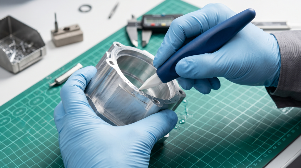 A technician wearing blue gloves using a hand deburring tool on a freshly machined aluminum CNC part.