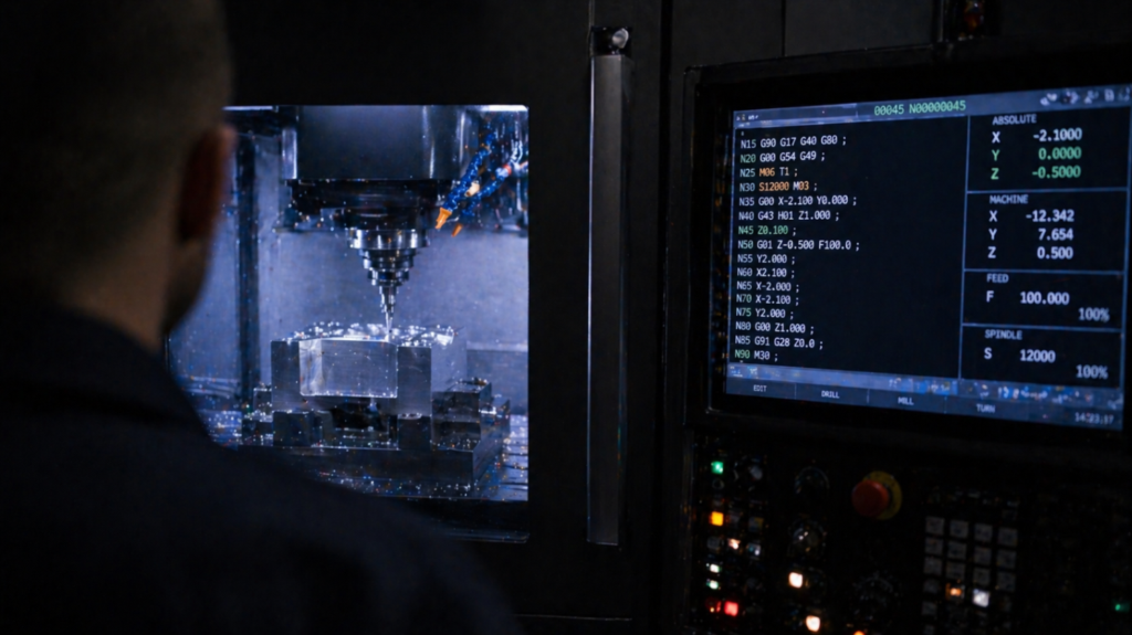 A modern CNC milling machine in operation, cutting a metal workpiece inside an illuminated enclosure.