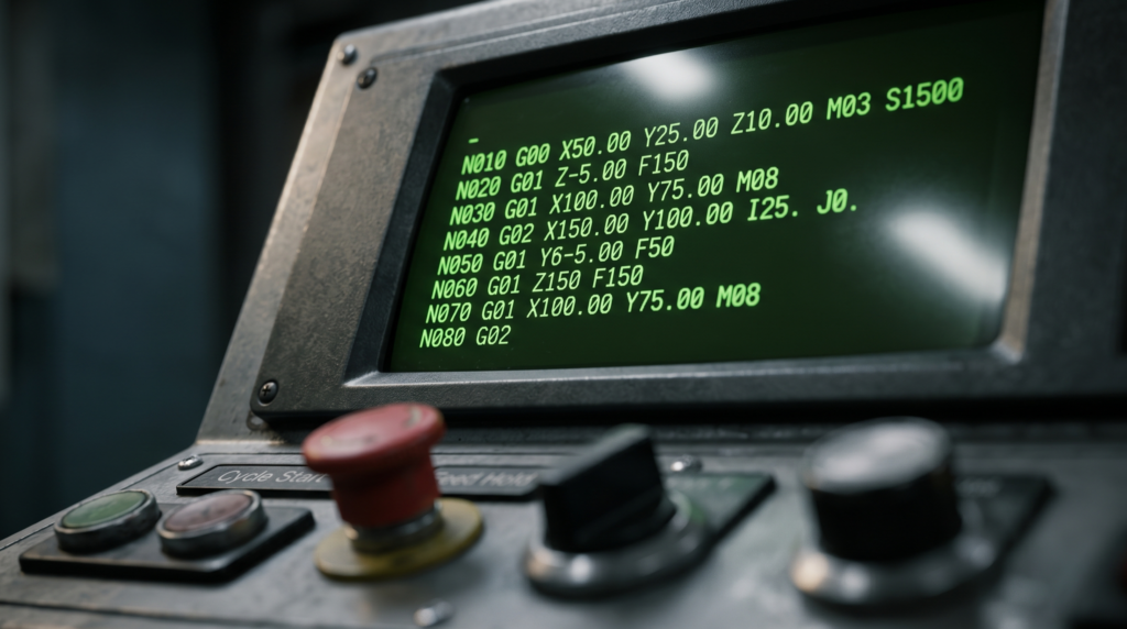 Close-up of an industrial CNC machine control panel displaying alphanumeric G-code programming.