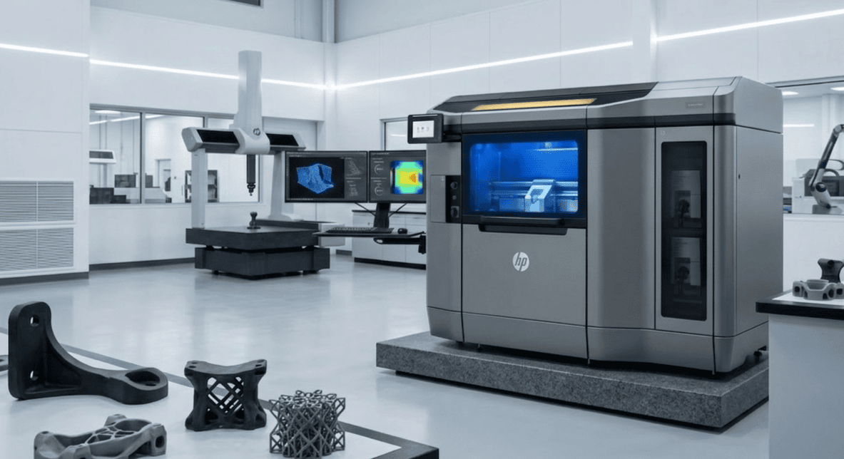 An industrial HP Multi Jet Fusion (MJF) 3D printing machine.