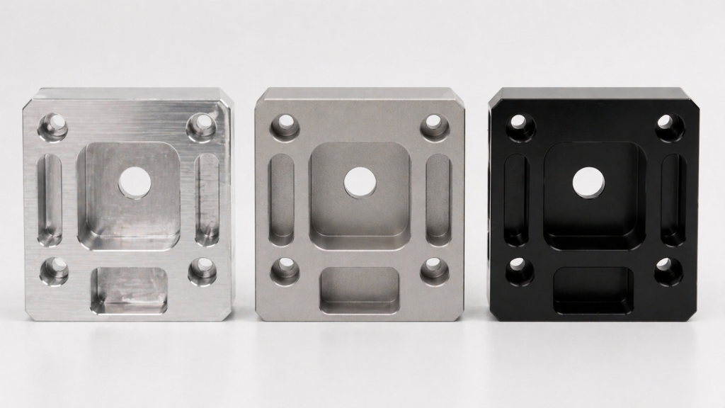 Three identical CNC machined metal blocks showing different surface finishes, including raw aluminum and black anodized.