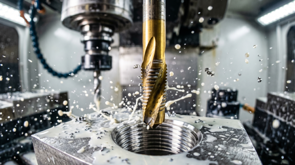 Macro shot of a titanium CNC tapping tool cutting internal threads into a metal block while spraying cutting fluid.