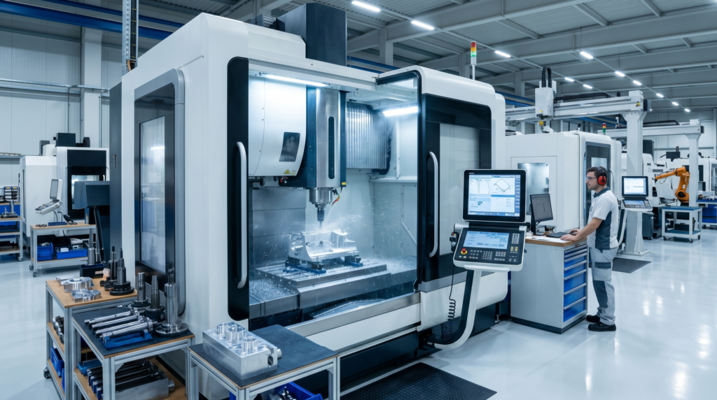 A clean, state-of-the-art manufacturing facility featuring multiple vertical CNC machining centers.