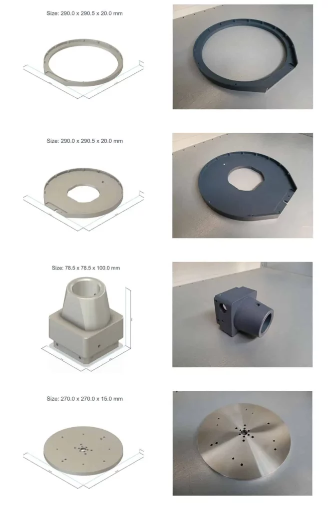 3D models and final results of some of the CNC machined parts manufactured with Xometry
