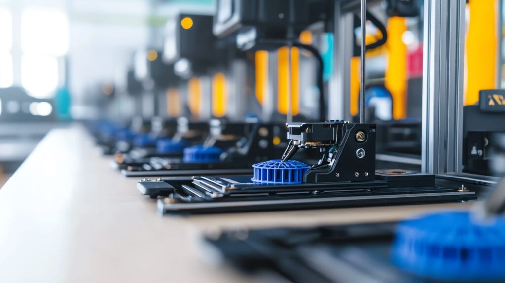 Rows of 3D printers producing prototypes