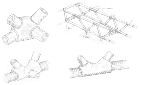Concept sketches of the aluminium nodes and complete subframe