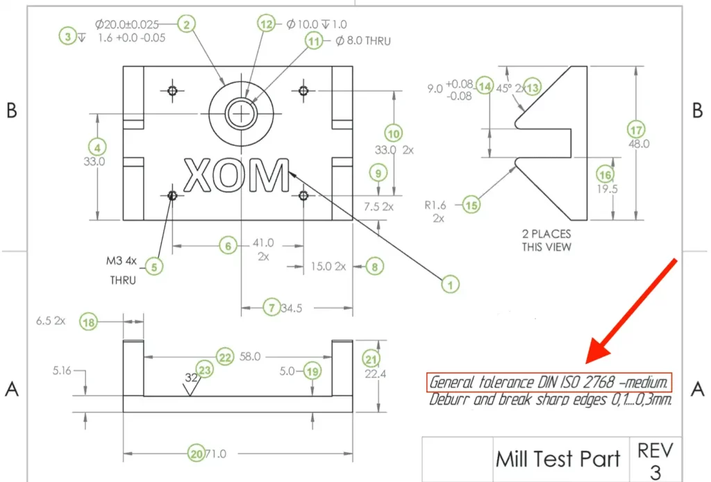 General tolerance indicated on a technical drawing