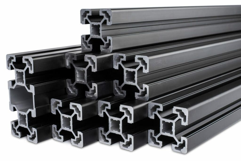 Stack of black anodised aluminium extrusion bars