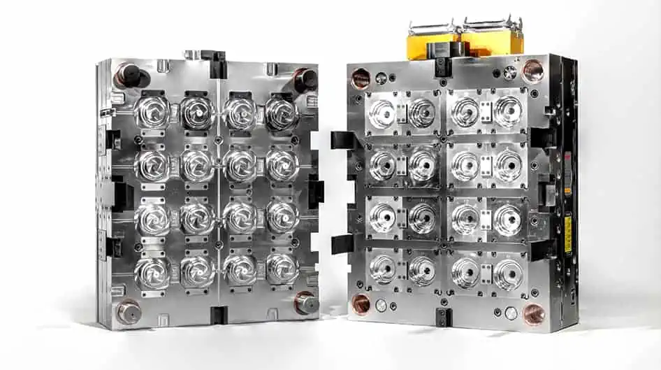 Open view of a multi-cavity injection mold showing multiple identical cavities for high-volume production