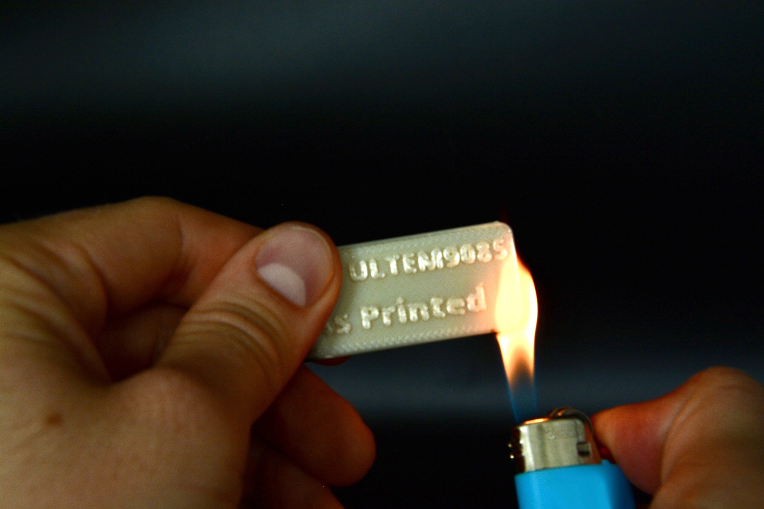 Flame test with a lighter on an FDM ULTEM 9085 part
