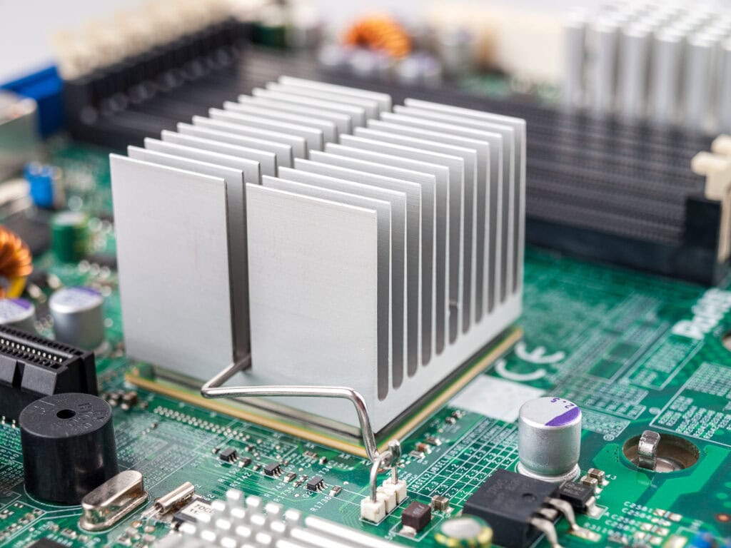 Aluminum heat sink installed on a computer circuit board for cooling chips