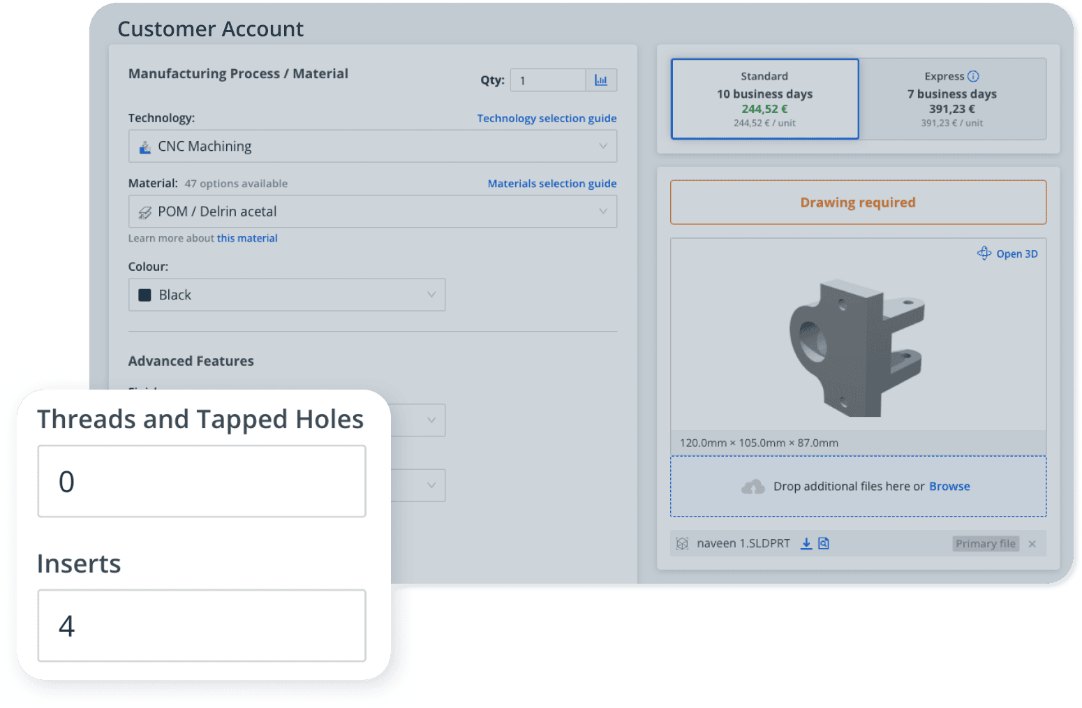Identifying the number of needed threads and inserts on the part page