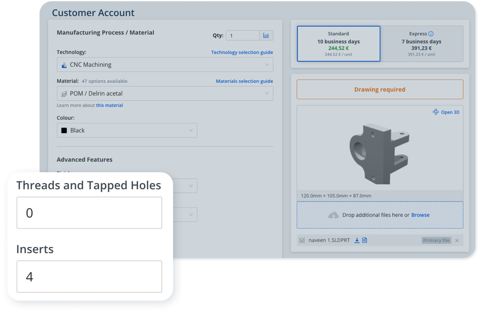 Identifying the number of needed threads and inserts on the part page