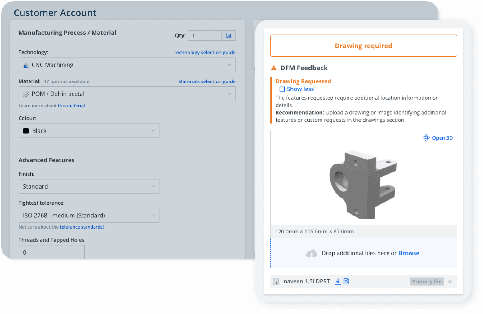Xometry’s system asks you to upload a technical drawing after you identified the number of needed inserts