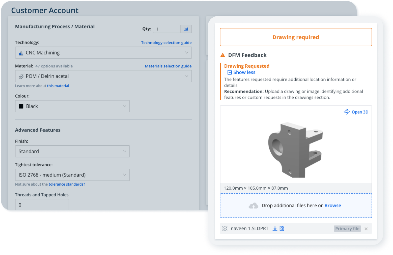 Xometry’s system asks you to upload a technical drawing after you identified the number of needed inserts