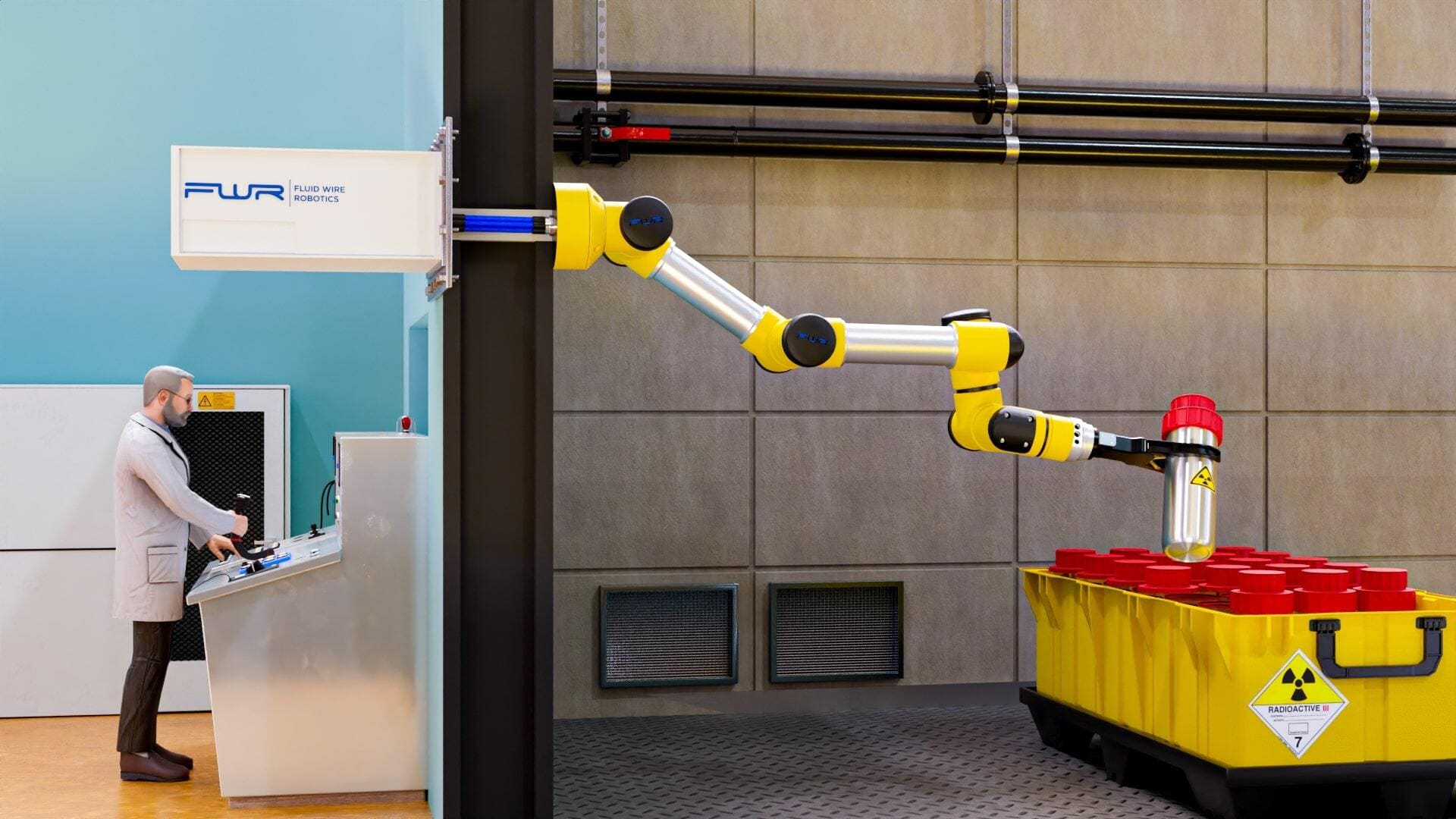 Robotic arm handling radioactive materials in a controlled environment.