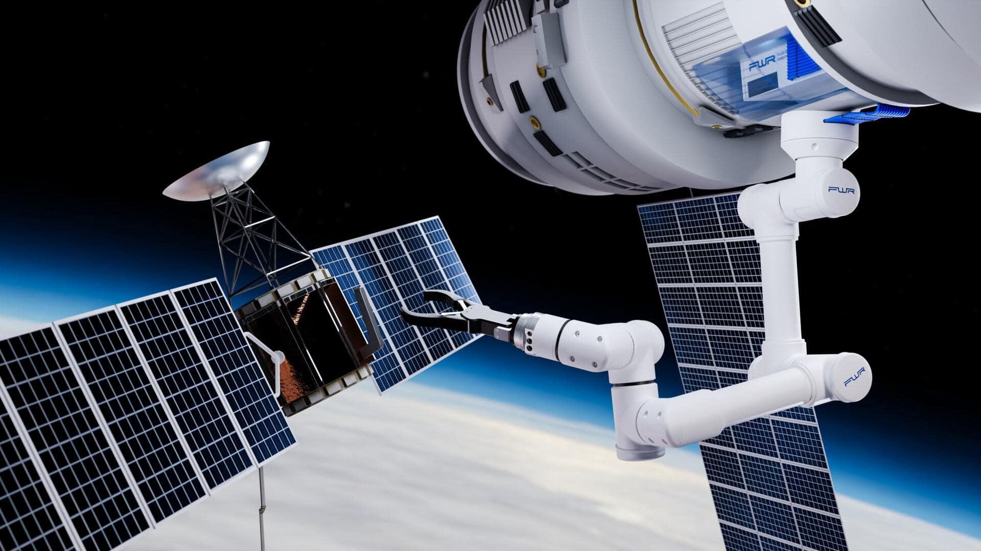 Advanced robotic arm performing satellite servicing in space