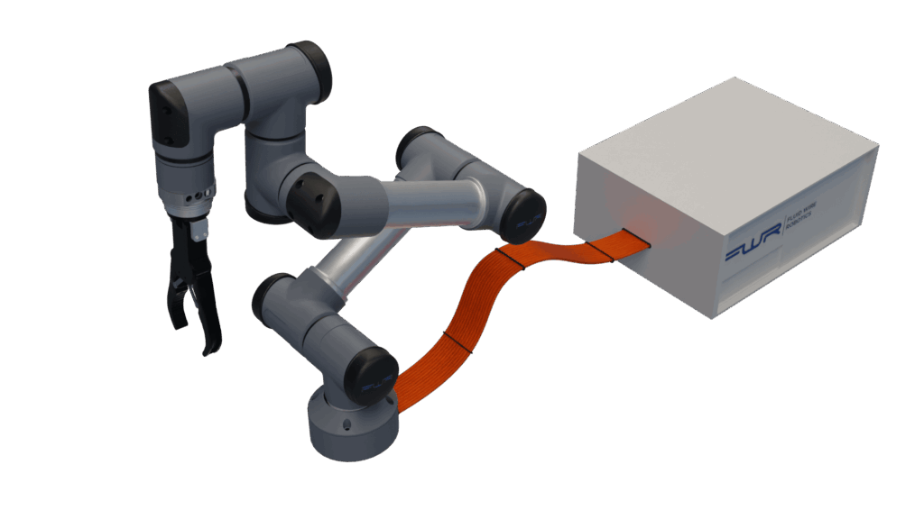 The robotic arm is connected to an external actuation unit via fluid wires.