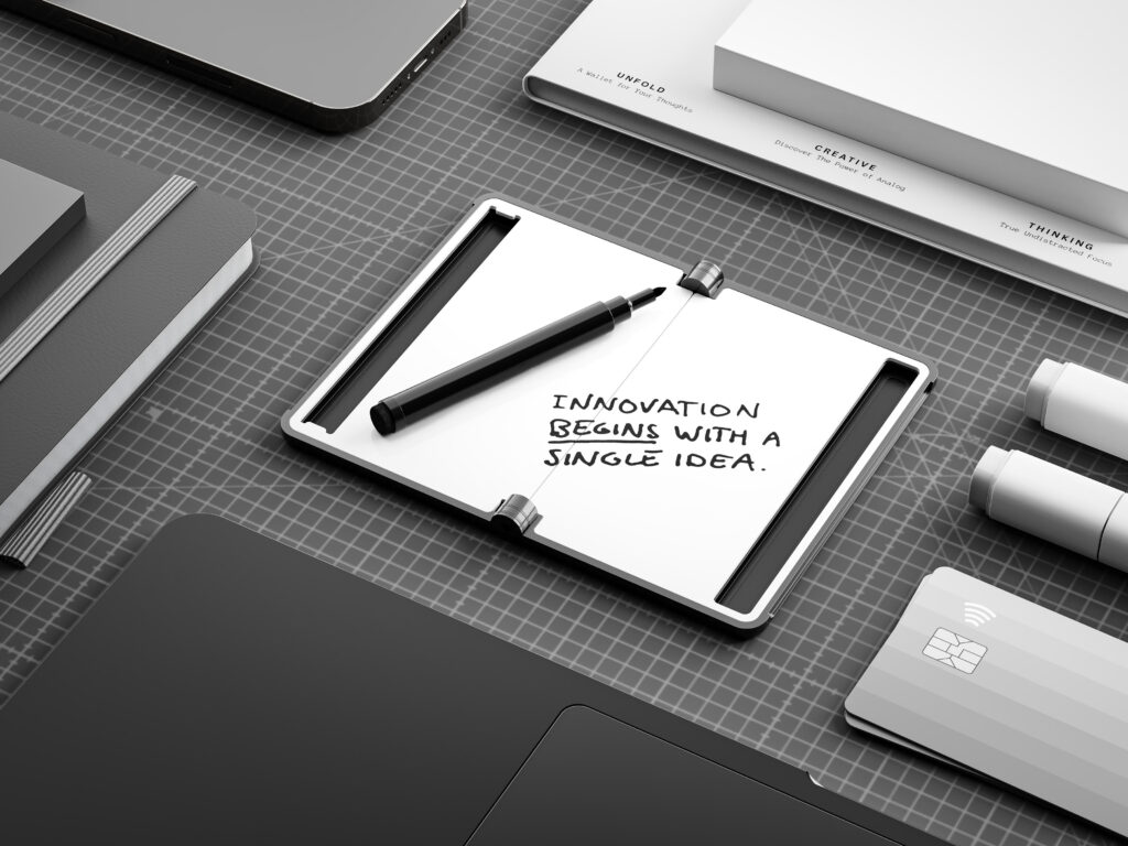 MEMO Whiteboard Wallet placed on a desk with the phrase 'Innovation begins with a single idea' written on it