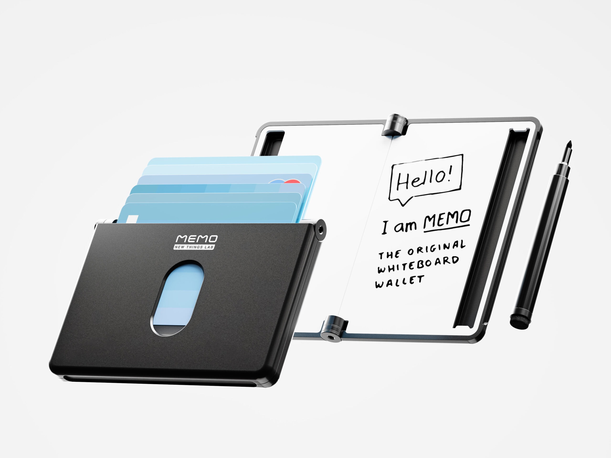 MEMO Whiteboard Wallet showcasing card slots, whiteboard, and pen from New Things Lab