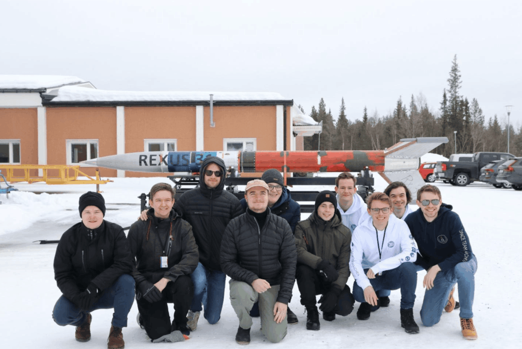 Part of the TRACE team at the roll-out of the REXUS 31 rocket during the launch campaign
