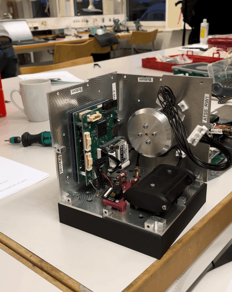 The Free-Falling Unit (FFU) in assembly, showcasing CNC-machined components and 3D-printed motor mounts supplied by Xometry, integrated with the electronics and reaction wheel system.©