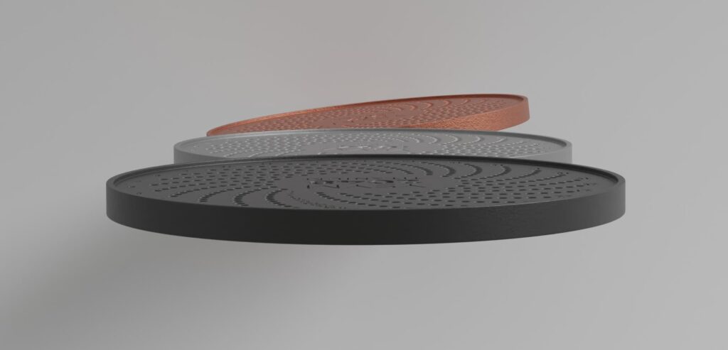 Side view of Yoseyomo's ultra-thin vaults in titanium, stainless steel, and copper finishes