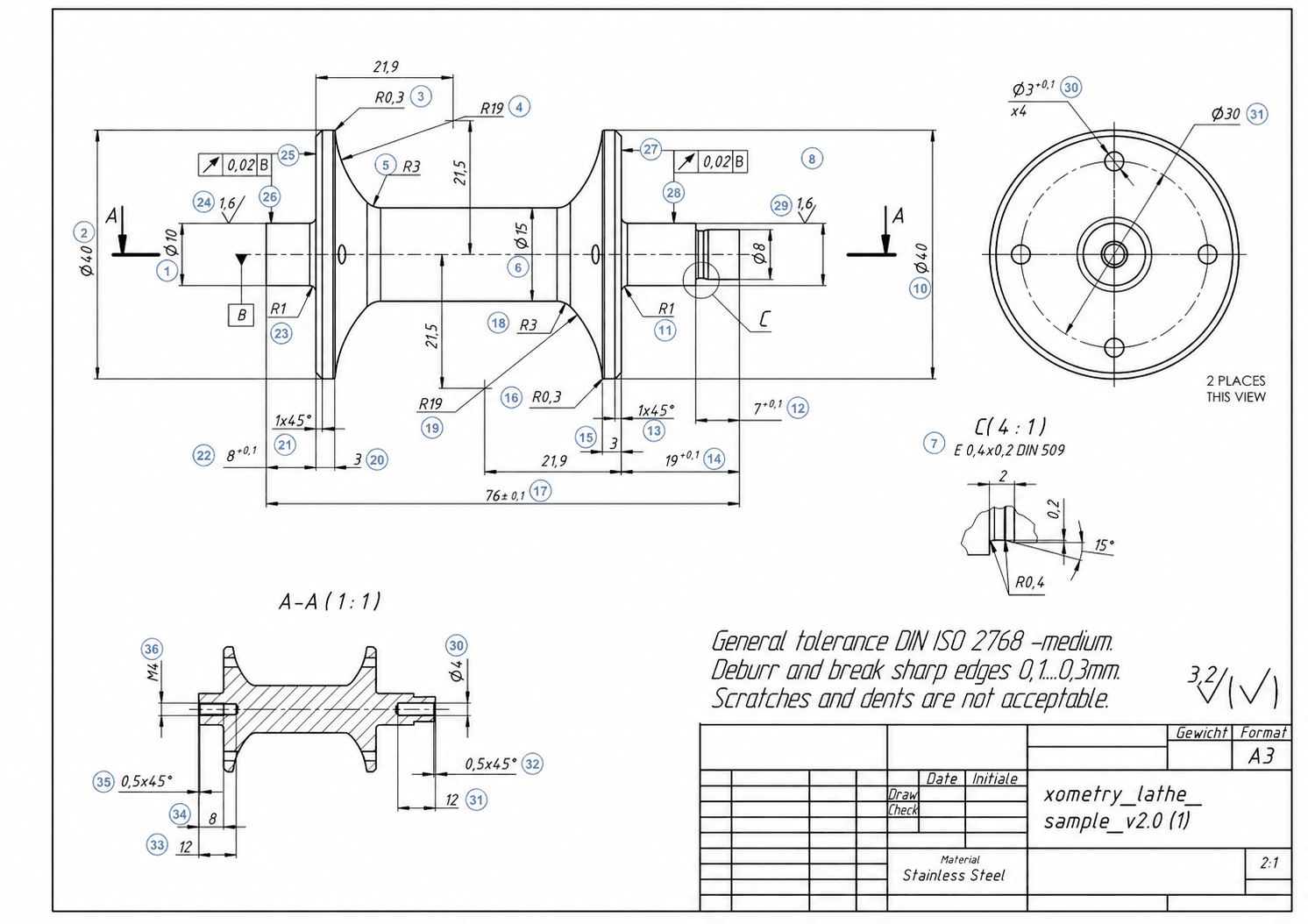 Close-up example of a typical engineering drawing depicting orthographic views, dimensions, tolerances, and various technical specifications.