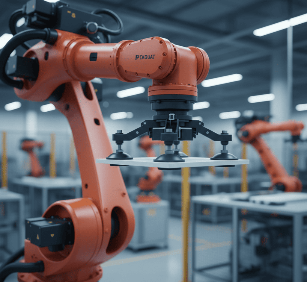 Bras robotisé industriel soulevant une pièce aux surfaces lisses, conçue spécifiquement pour une préhension par ventouse automatisée.