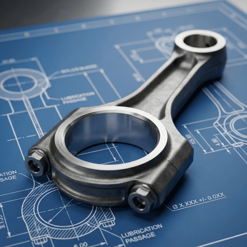 Makineyle işlenmiş motor biyel kolu; kritik büyük uç deliği vurgulanmış.