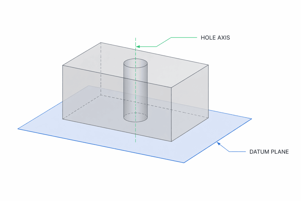 Concept de parallélisme d'axe illustrant un axe d'alésage référencé à un plan de référence dans un bloc de style CAO transparent.