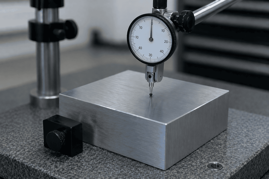 Palpeur de comparateur à cadran mesurant la surface supérieure d'un bloc en aluminium usiné sur marbre en granit lors d'un contrôle de parallélisme.
