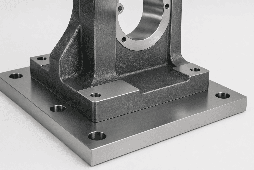 Base d'appui usinée avec portées finies et perçages de fixation utilisés comme surfaces de référentiel fonctionnel en assemblage.