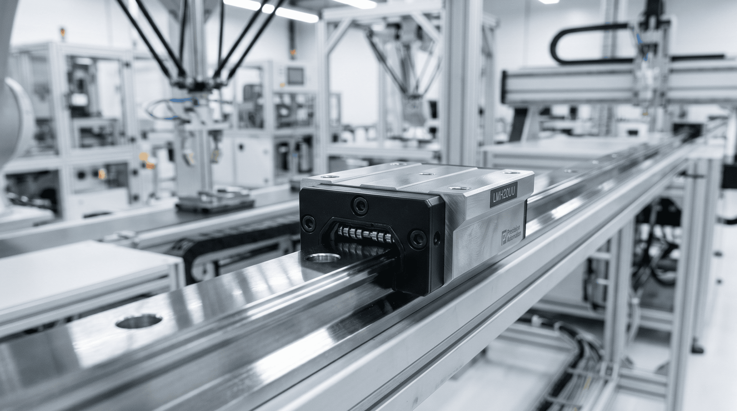Rail de guidage linéaire de précision avec bloc de chariot monté dans un système industriel automatisé.