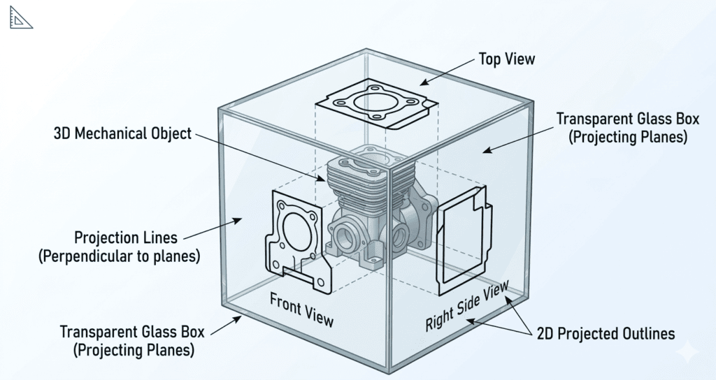 Schéma d'une pièce mécanique 3D placée dans un cube de projection transparent, illustrant comment les lignes de projection génèrent les vues de face, de dessus et de droite en 2D.