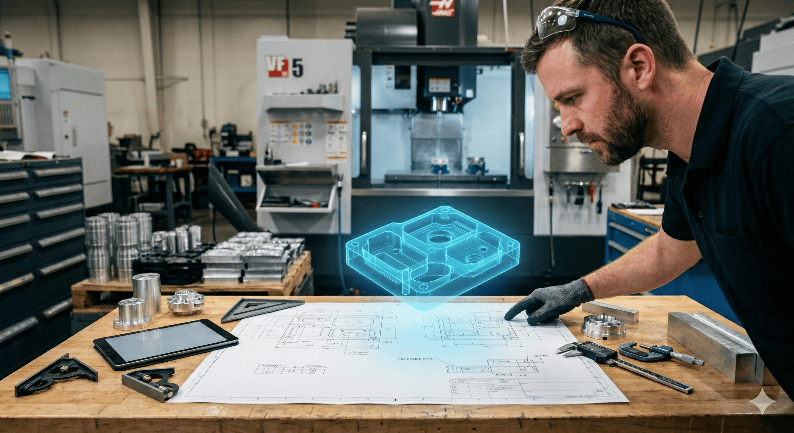 A machinist in a busy shop inspects a paper blueprint alongside a tablet displaying a glowing 3D augmented reality model of the part.