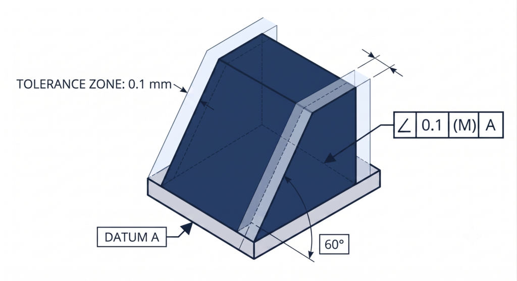Visualización CAD en 3D que muestra una zona de tolerancia de planos paralelos uniformes de 0,1 mm que enmarca una superficie de la pieza de trabajo con un ángulo de 60 grados respecto al punto de referencia A.