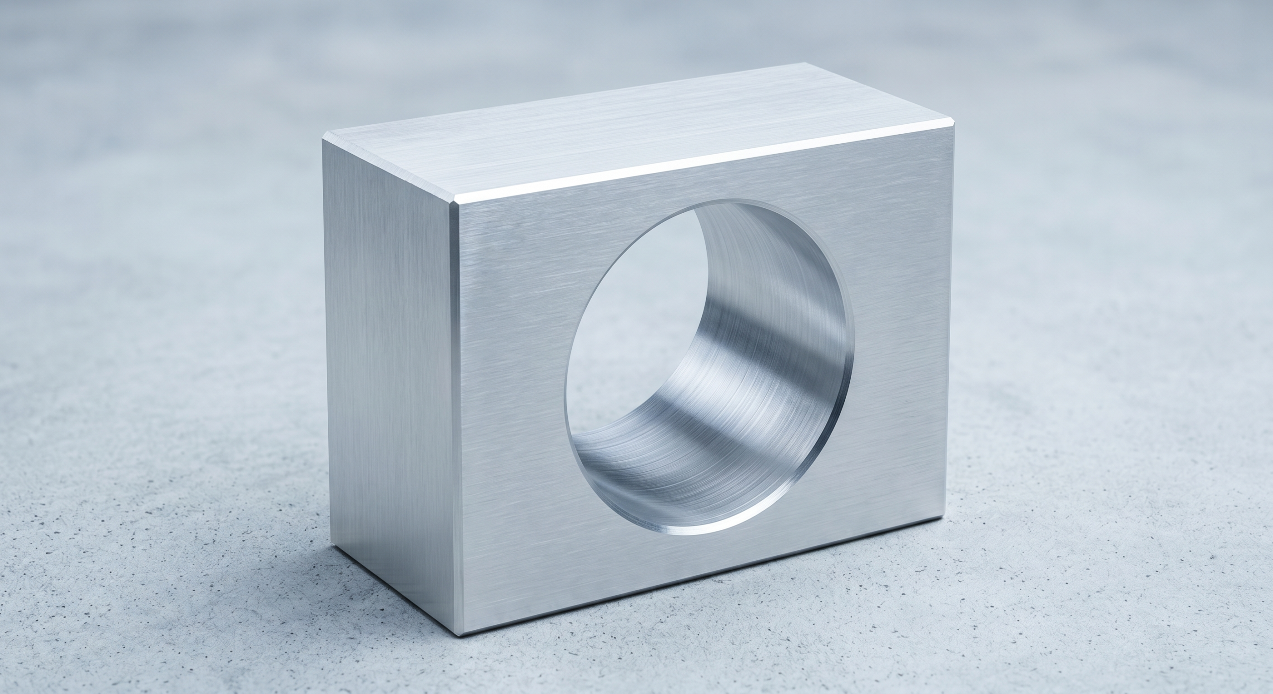Machined aluminum block featuring a large precision-bored through-hole on a surface plate.