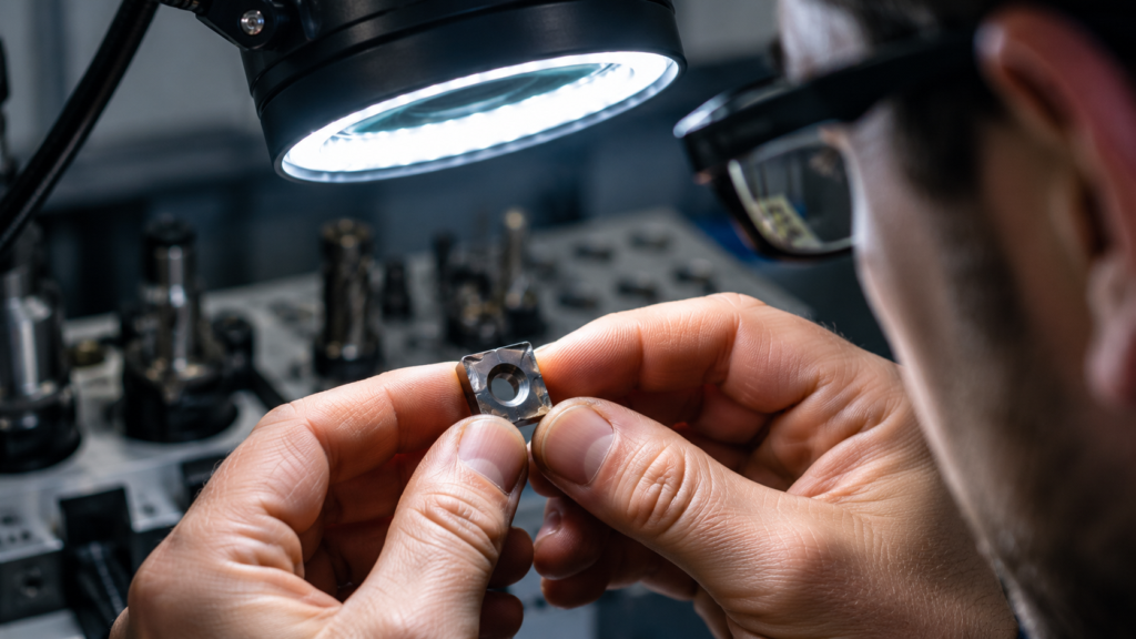 Technician inspecting a worn carbide insert for flank and crater wear