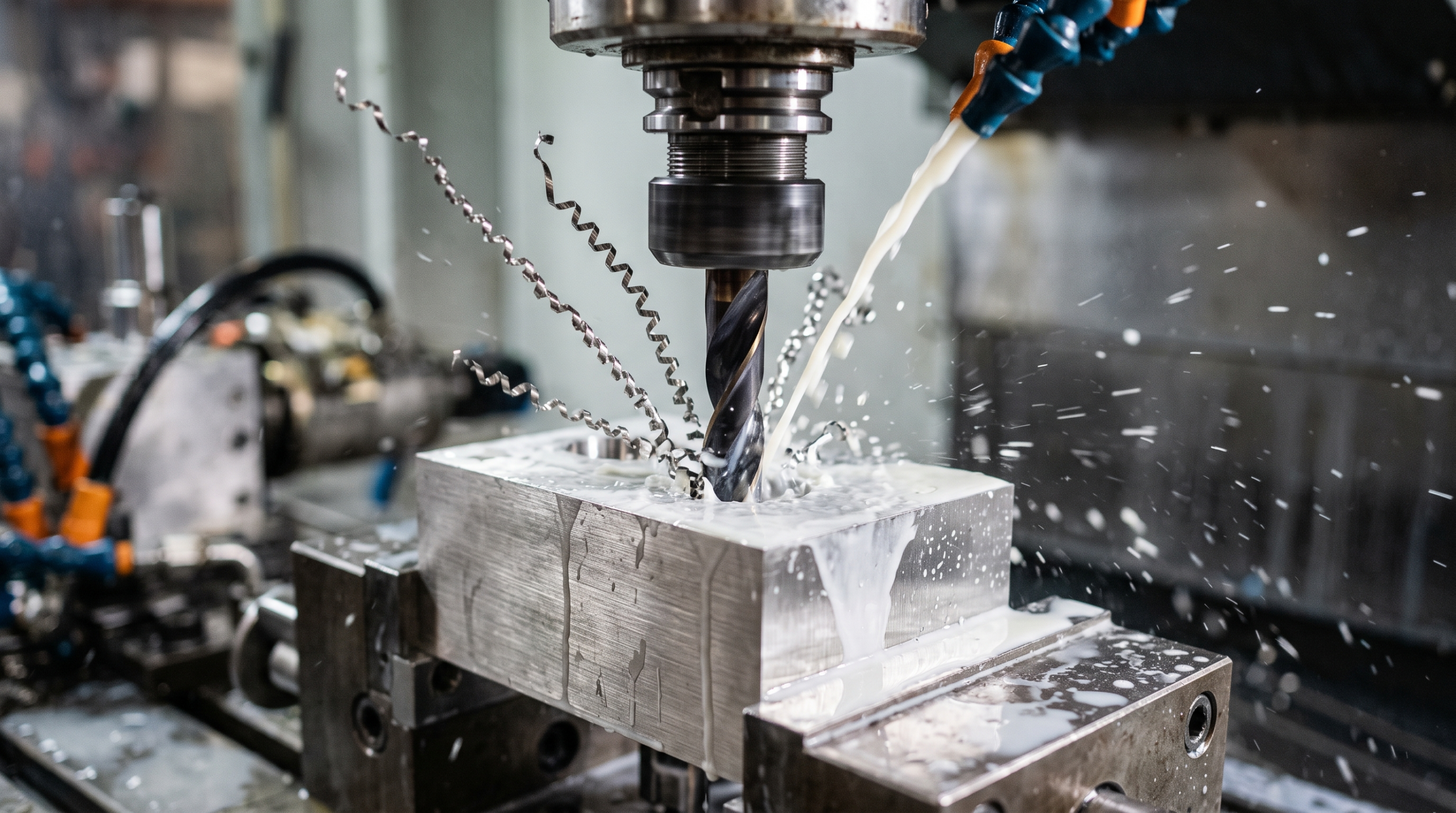 CNC drill cutting into stainless steel with chip evacuation and coolant