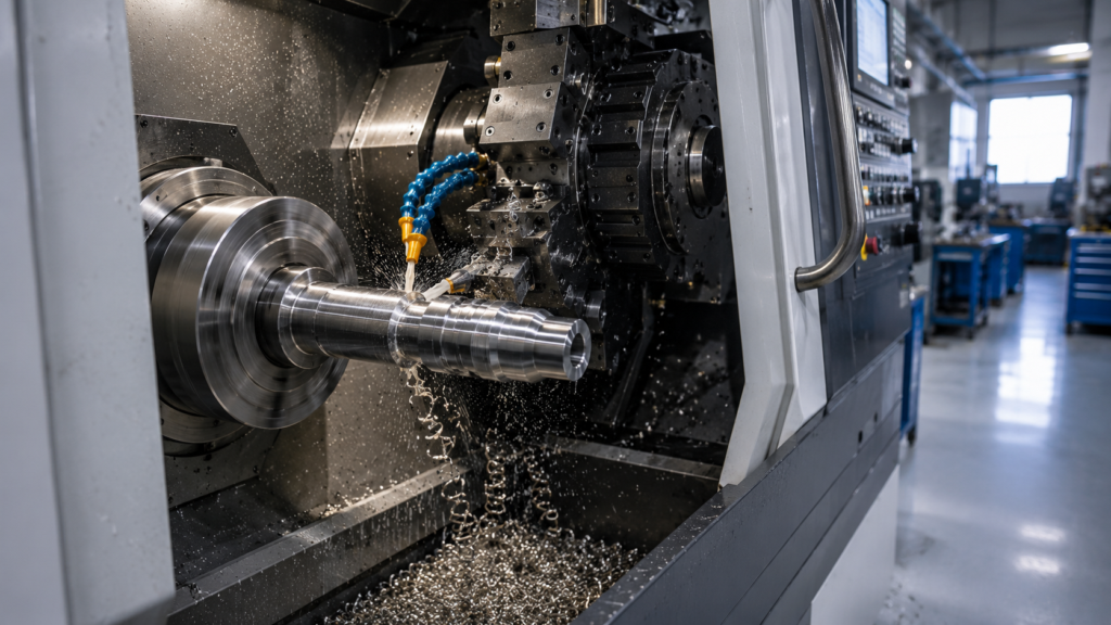 CNC lathe cutting a stainless steel shaft with visible chip formation