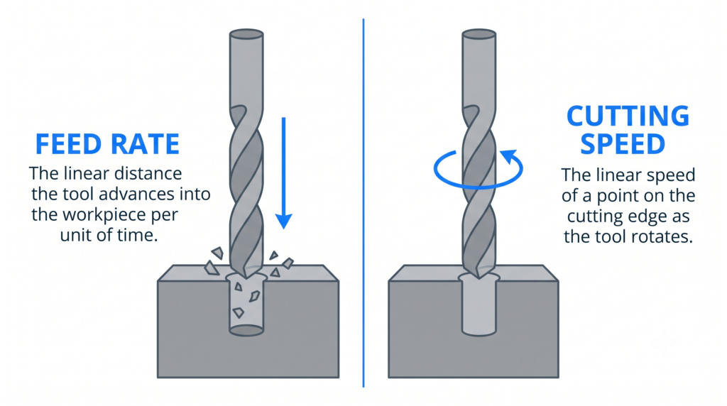 Diagram comparing feed rate and cutting speed on a rotating drill bit