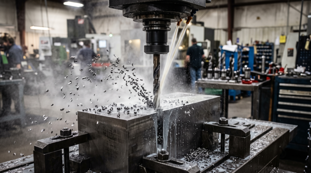 Deep-hole drilling operation with through-spindle coolant evacuating chips