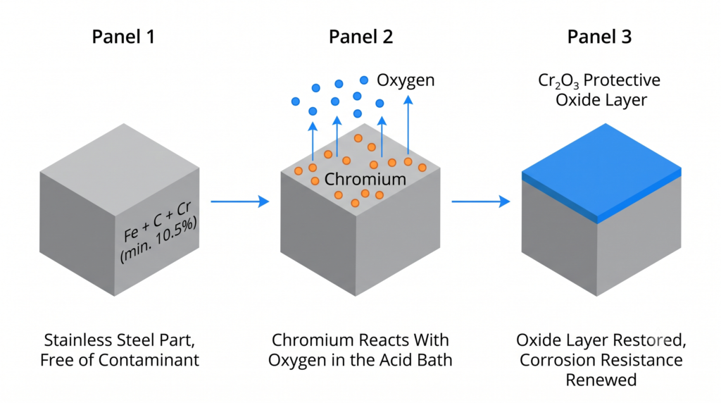 Diagram of the three-stage passivation process on stainless steel