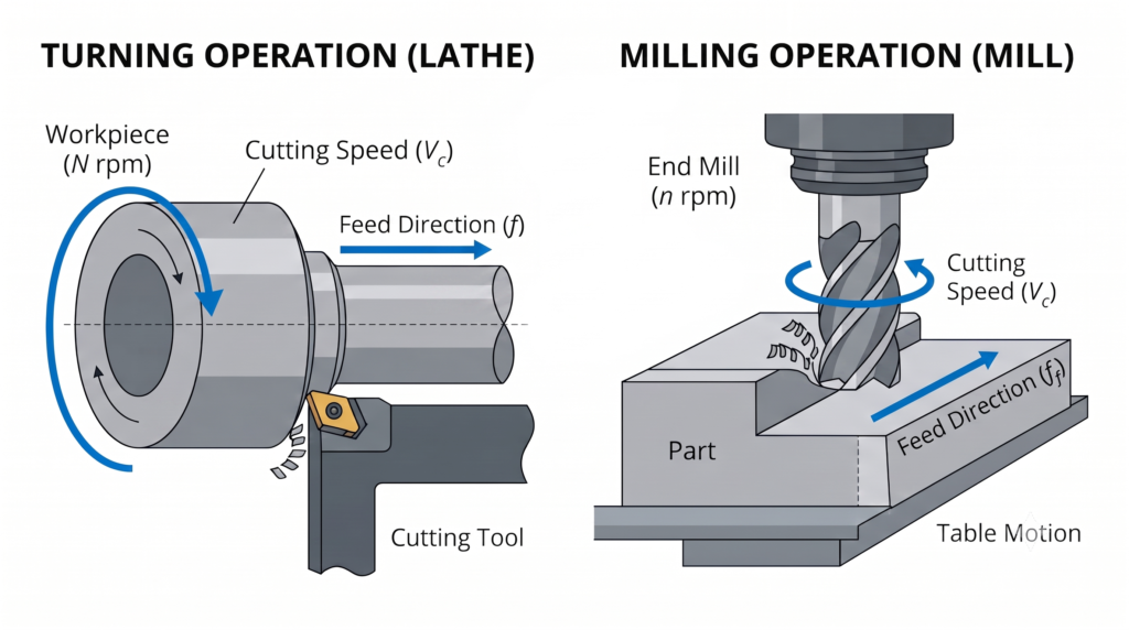 Diagram comparing cutting speed and feed direction in turning versus milling
