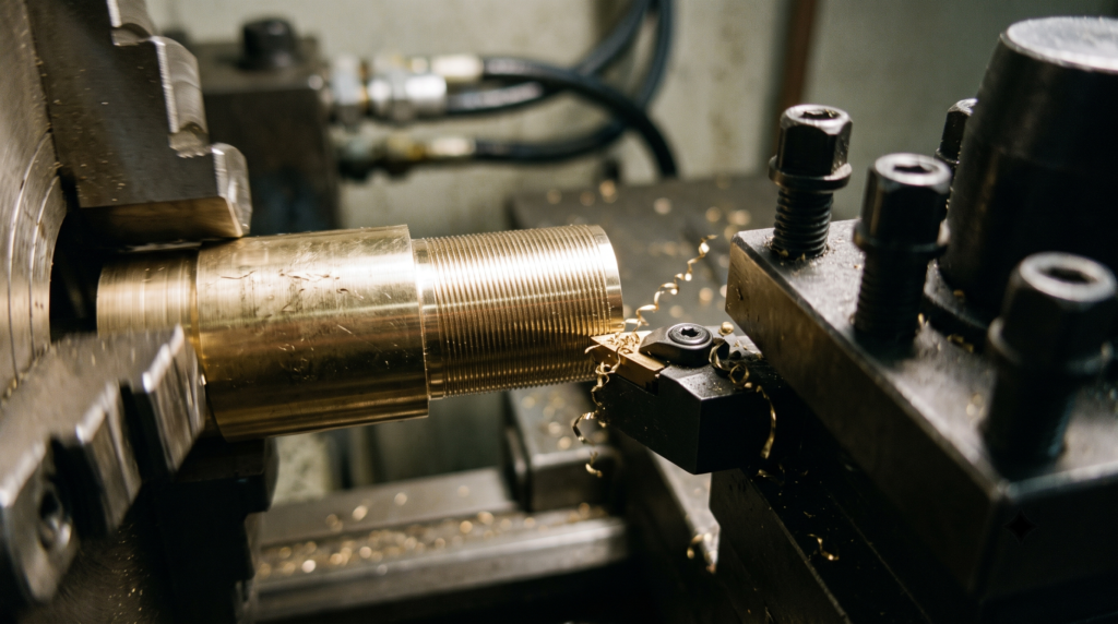 Macro shot of a lathe tool cutting brass, showing feed marks per revolution